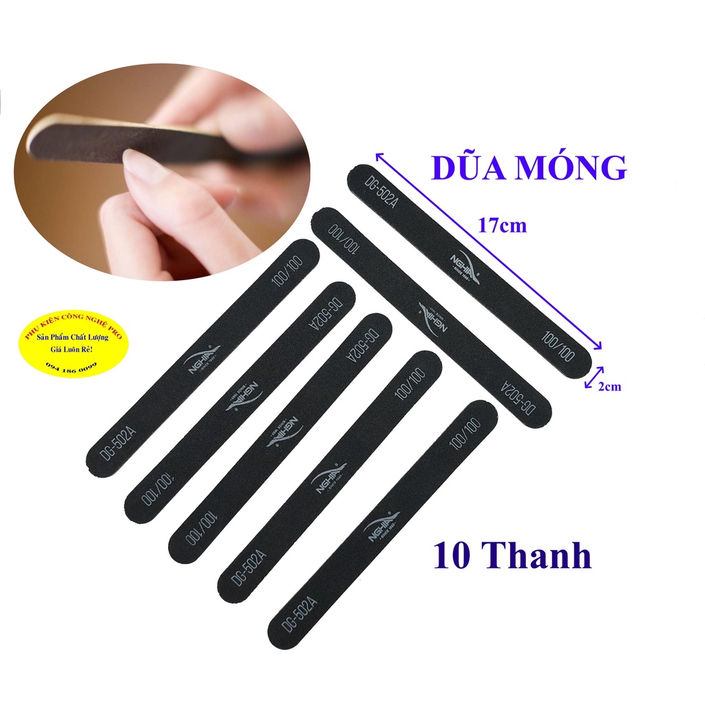 10 Thanh dũa móng In chữ NGHIA DG-502A Kiểu 2 mặt chà nhám mịn Dài 17cm Màu đen Chất lượng siêu bền