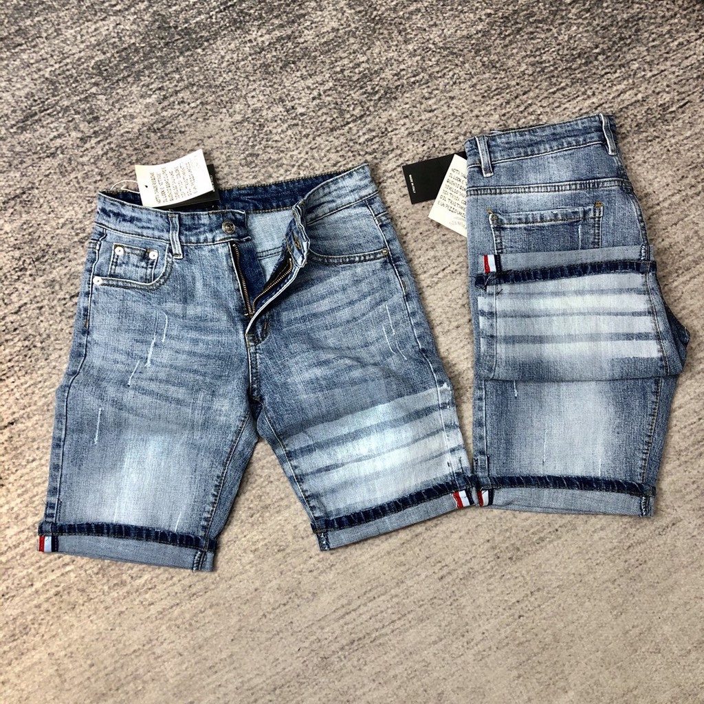 Quần bò ngố nam xanh trơn vạch đùi đơn giản,quần short chất jean co giãn nhẹ,quần có đủ sz 28-34( 45-76kg) thom212