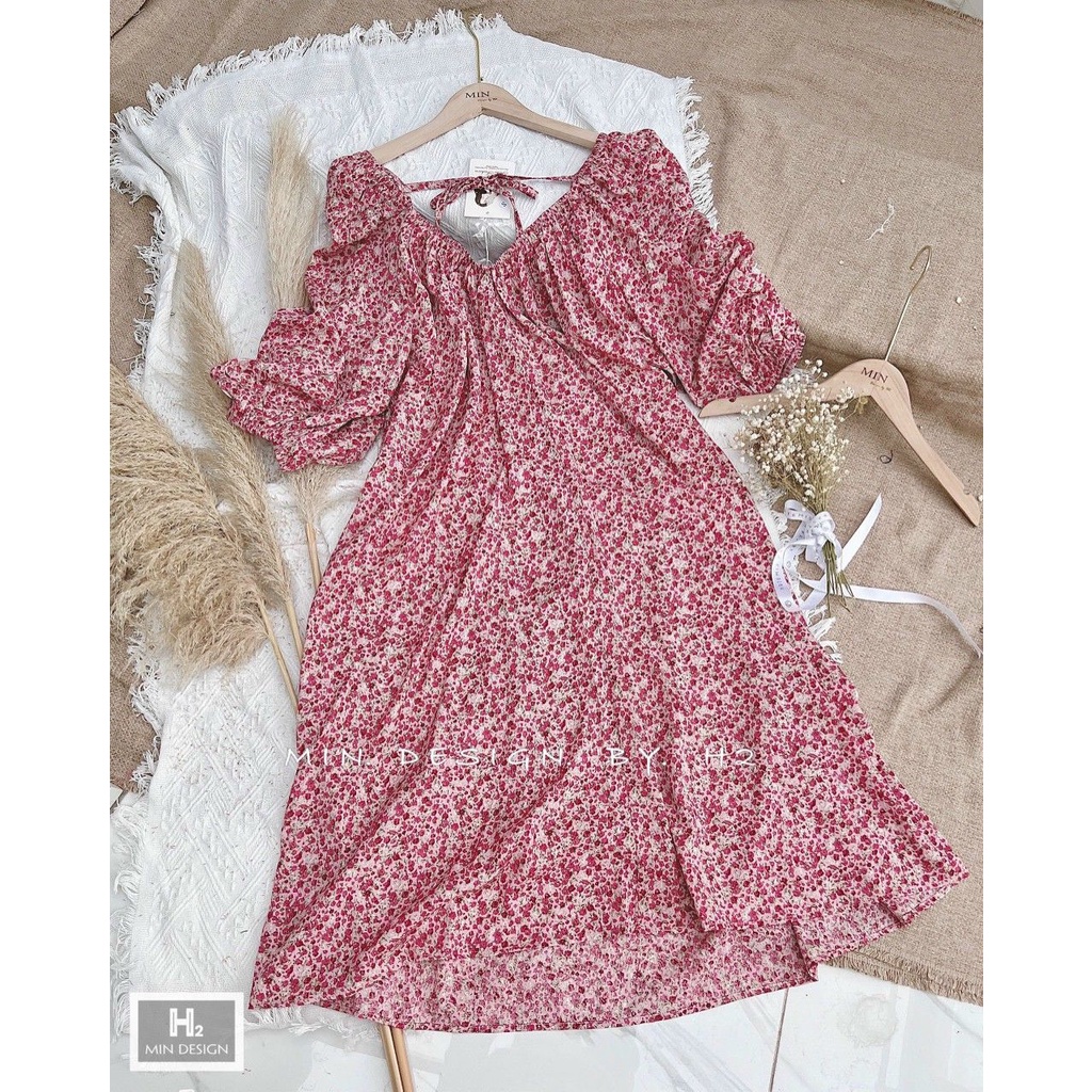 Váy hoa hồng dáng xuông cổ v nơ sau