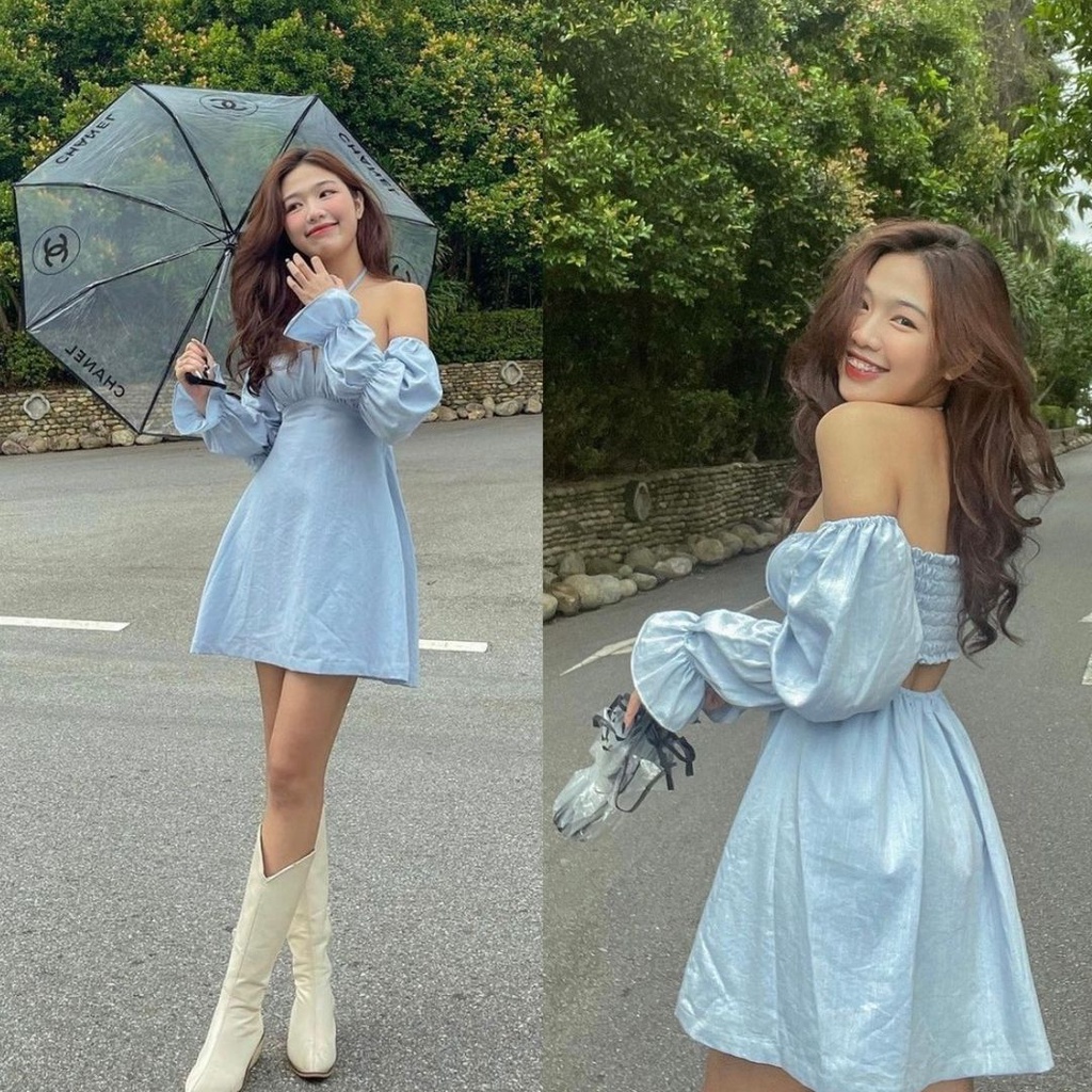 Váy Ngắn Cổ Yếm Trễ Vai Tay Dài Phồng Đầm Cổ Yếm Ngắn Bánh Bèo Sexy Đầm Trễ Vai Xòe Thắt Nơ Ngực