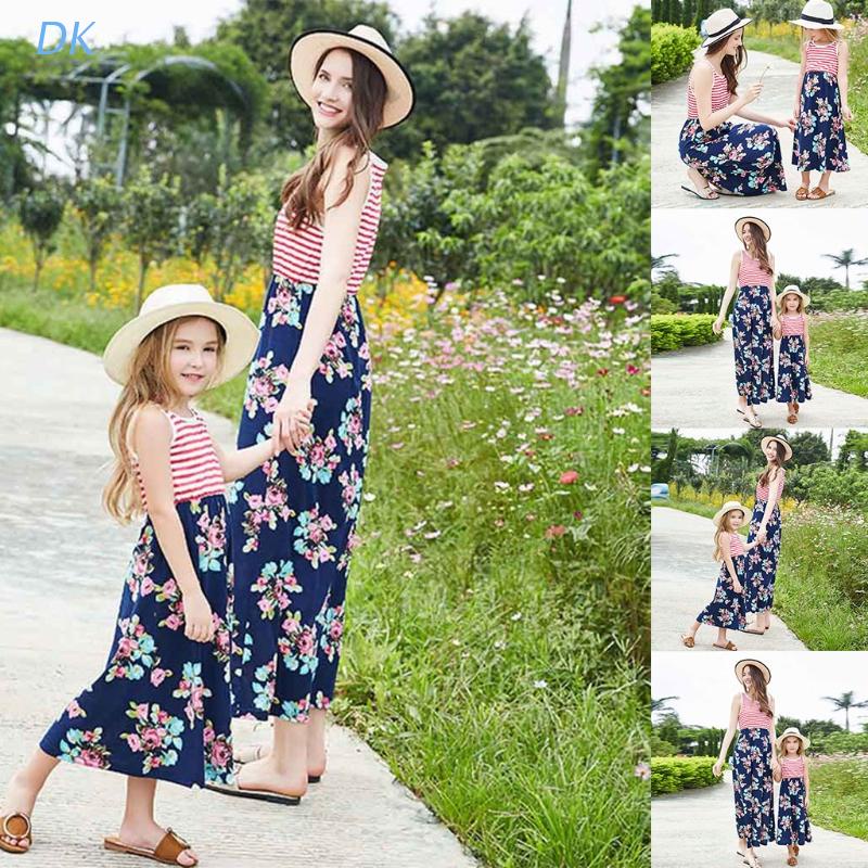 Đầm dài không tay cổ tròn họa tiết kẻ sọc thời trang mùa hè cho mẹ và bé
