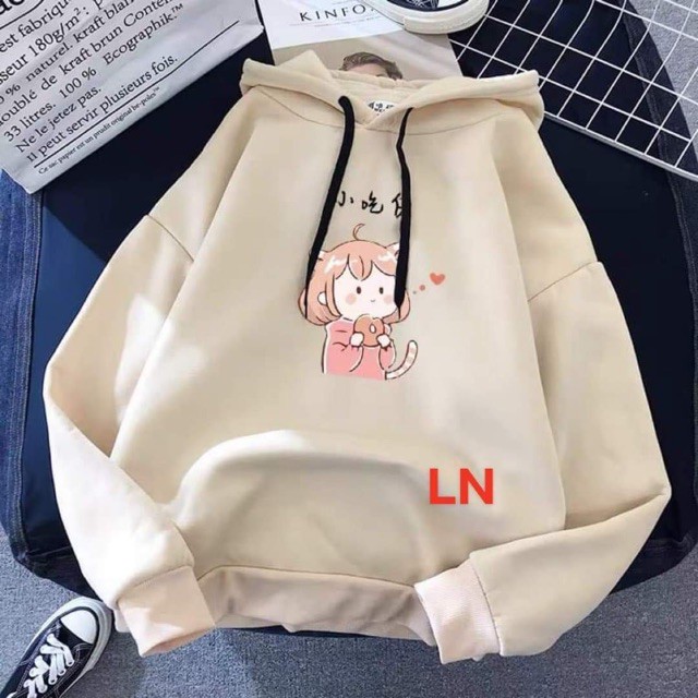 Áo hoodie cô gái tai mèo LN11, Áo nỉ Unisex from rộng, Chất nỉ ấm mặc không xù, thiết kế phong cách - MODY