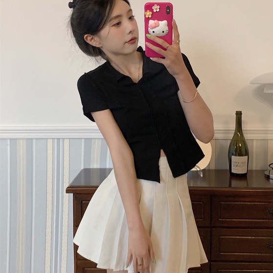 【ZHELIHANGFEI】 Áo Thun Dệt Kim Ngắn Tay Phong Cách Gợi Cảm