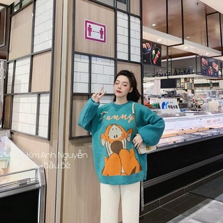 Set bộ nỉ bông áo xanh in gấu funny kèm quần be cho nữ