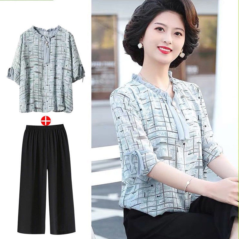 Mẹ mùa hè phù hợp với phụ nữ trung niên mới quần áo phụ nữ hai mảnh phù hợp với người trung niên và người già áo phông n