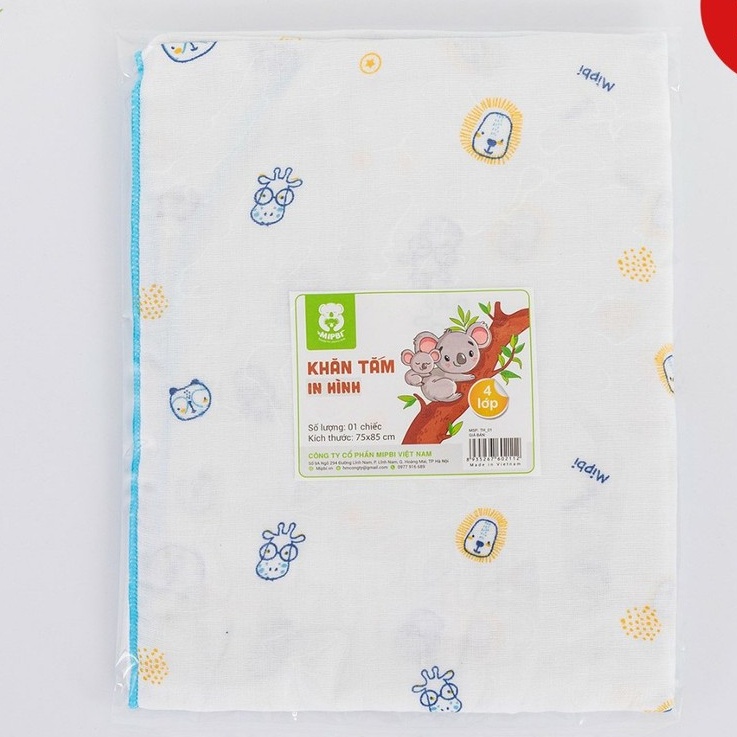 Khăn tắm in hình Mipbi cao cấp 4 lớp 100% cotton tự nhiên TH01 (Túi 1 chiếc 75x85cm)
