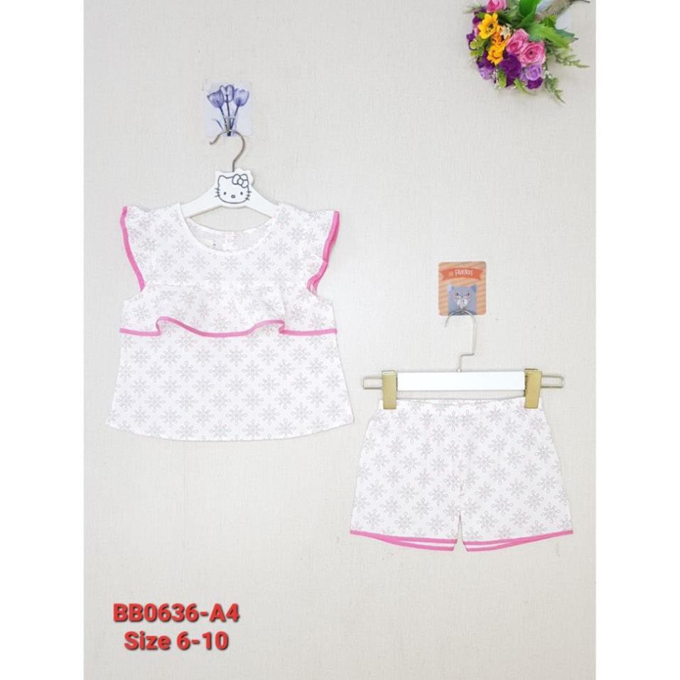BB0636-A4 - Bộ bé gái chất thô tay hến , in hình , màu trắng , size nhỡ 6t-10t