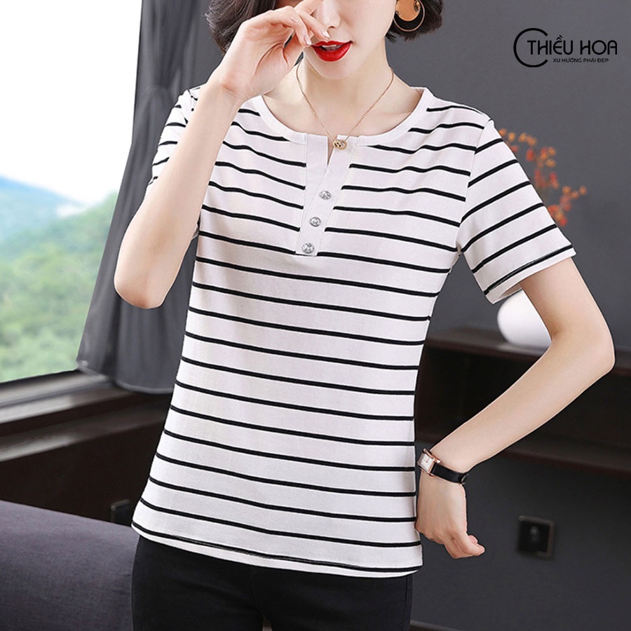 Áo Thun Trung Niên Nữ Đẹp hoạ tiết sọc ngang chất liệu cotton mềm mịn mát mẻ THIỀU HOA  AN1N0408