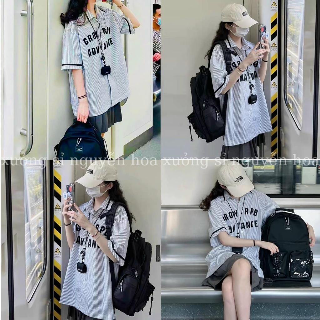 Áo sơ mi ngắn tay kẻ xanh in RPB dáng rộng unisex dành cho học sinh, sinh viên  xưởng sỉ nguyễn hoa