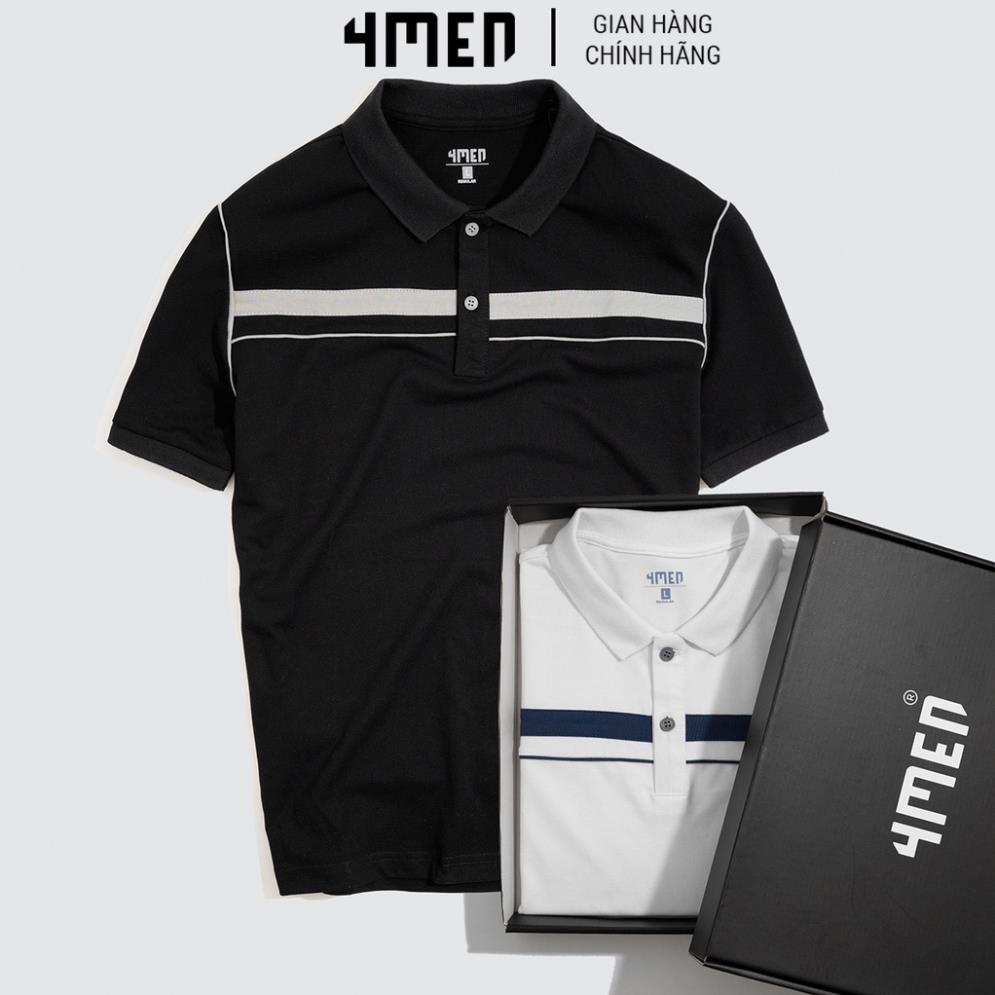 Áo thun polo nam đẹp 4MEN PO043 có cổ trụ bẻ vải cá sấu cotton hàng hiệu phối màu kẻ ngang, viền nách mới lạ, trẻ trung