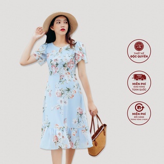 Đầm hoa đi biển form A thiết kế cổ tròn phối nút - Xanh hoa hồng - TTV921 TTV Store
