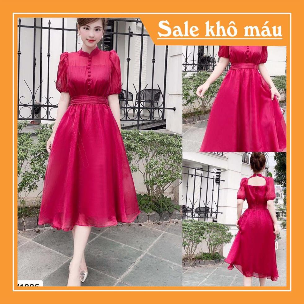 - Váy đỏ xòe tay lỡ cổ tàu khoét lưng, Nữ Tính ❤️NMC SHOP❤️