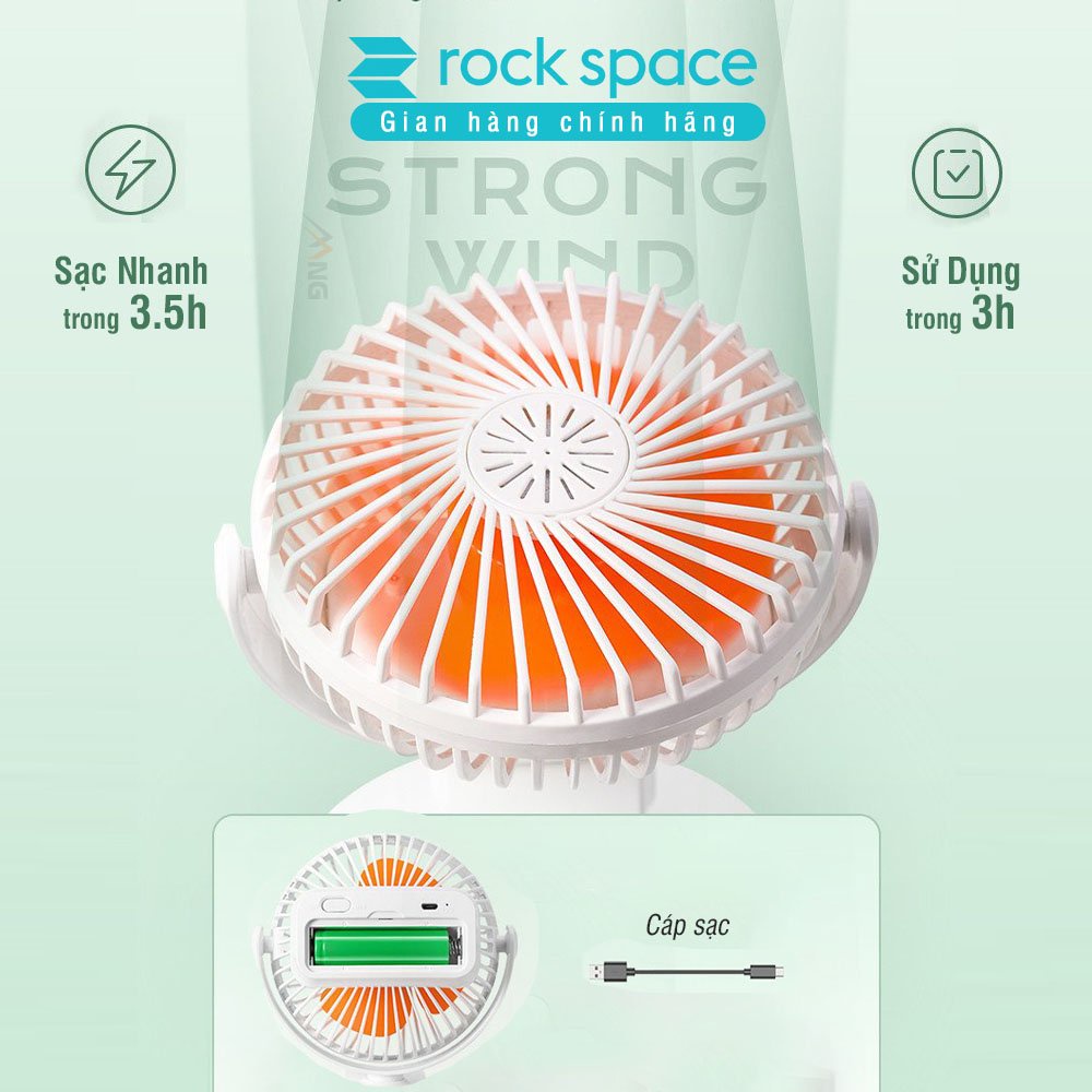 Quạt mini sạc tích điện Rockspace để bàn và kẹp bàn 3 cấp độ gió sử dụng liên tục 3h hàng chính hãng – bảo hành 12 tháng