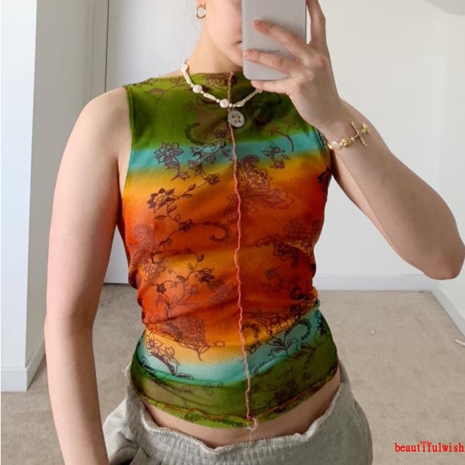 Áo tank top cổ chữ V không tay phối lưới nhuộm màu họa tiết hoa quyến rũ cho nữ
