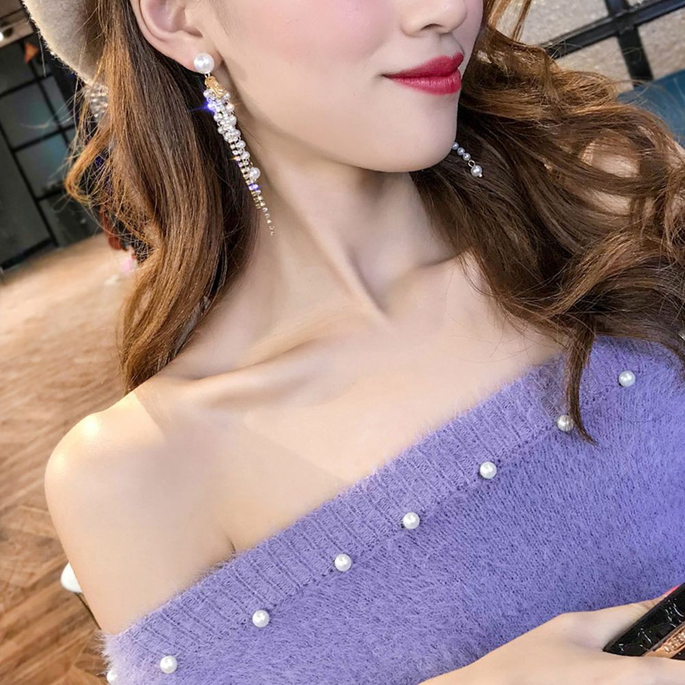 Hoa tai dáng dài đính đá và hạt ngọc trai mặt hình cánh bướm xinh xắn cho nữ