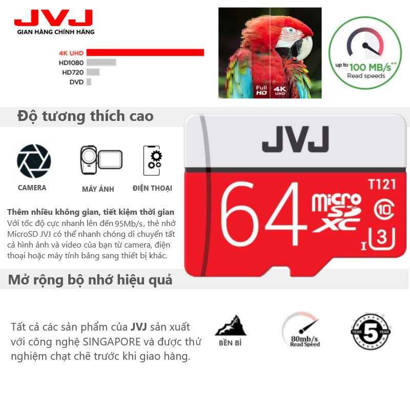 Thẻ nhớ 64Gb JVJ Pro U3 Class 10 - chuyên dụng cho CAMERA, Điện thoại, Máy ảnh,... tốc độ cao 95Mb-140Mb/s | BigBuy360 - bigbuy360.vn