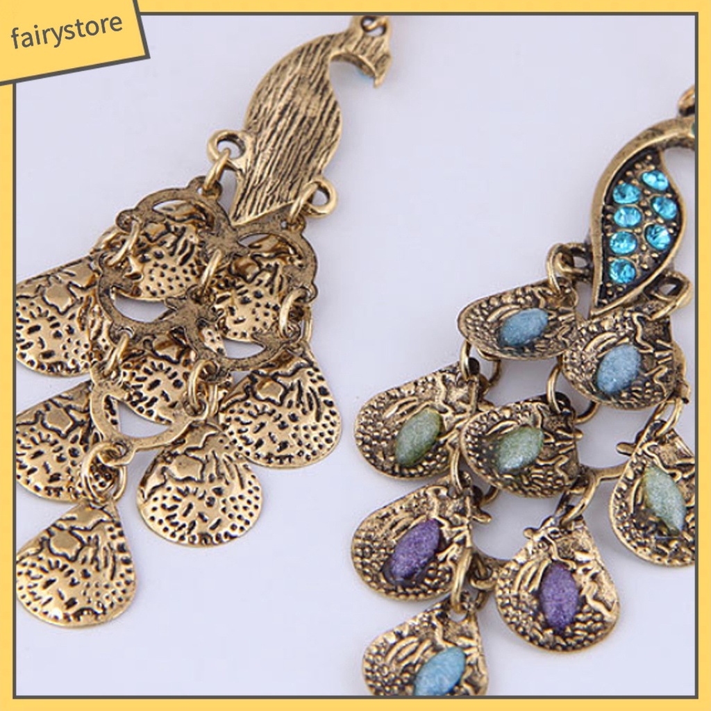 1 Đôi Bông Tai Hình Chim Công Đính Đá Phong Cách Vintage