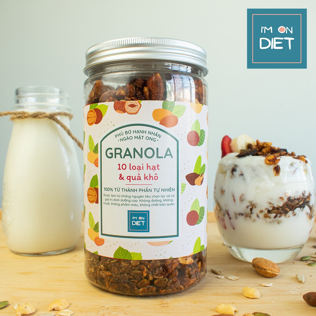 GRANOLA KHÔNG ĐƯỜNG ĂN KIÊNG | PHỦ BƠ HẠNH NHÂN - NGÀO MẬT ONG I 10 LOẠI HẠT & QUẢ KHÔ | 'M ON DIET | 250g - 500g