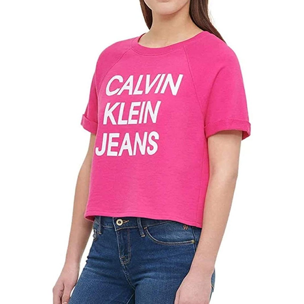 Áo thun Croptop nữ Calvin Klein cổ tròn vải cotton thoáng mát - chính hãng xuất dư.