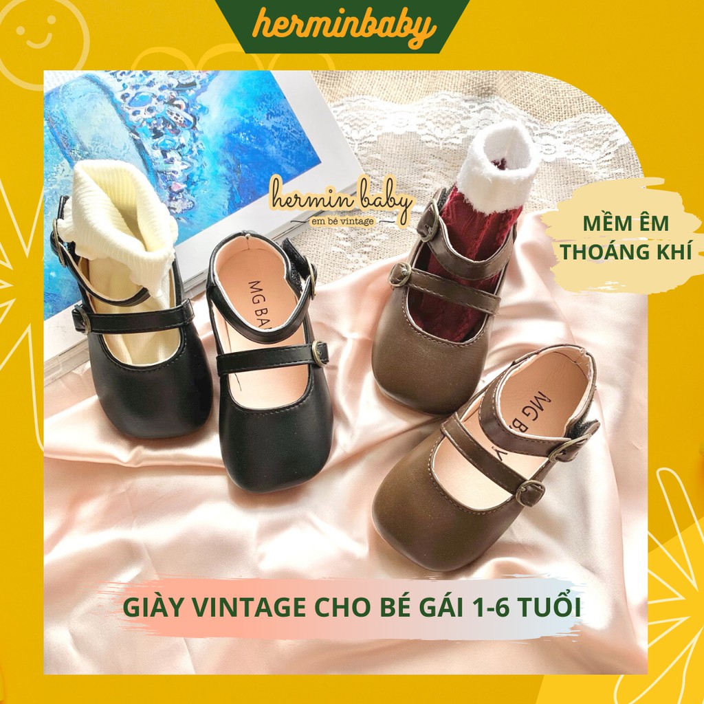 [ĐỦ SIZE] Giày búp bê bé gái vintage mũi vuông chất da mềm đế cao su chống trơn