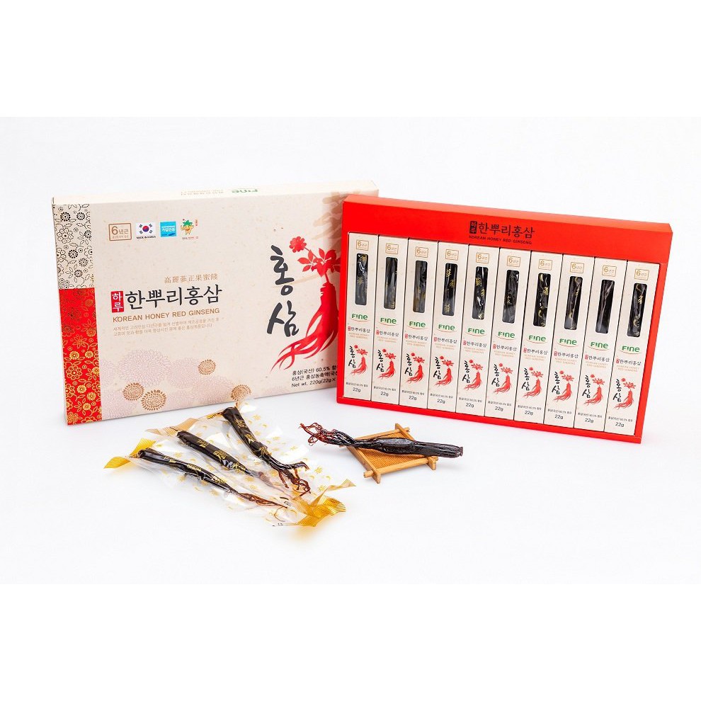 Hồng Sâm Củ Tẩm Mật Ong Korean Honey Red Ginseng 220g/ Hộp (10 củ Hồng Sâm)