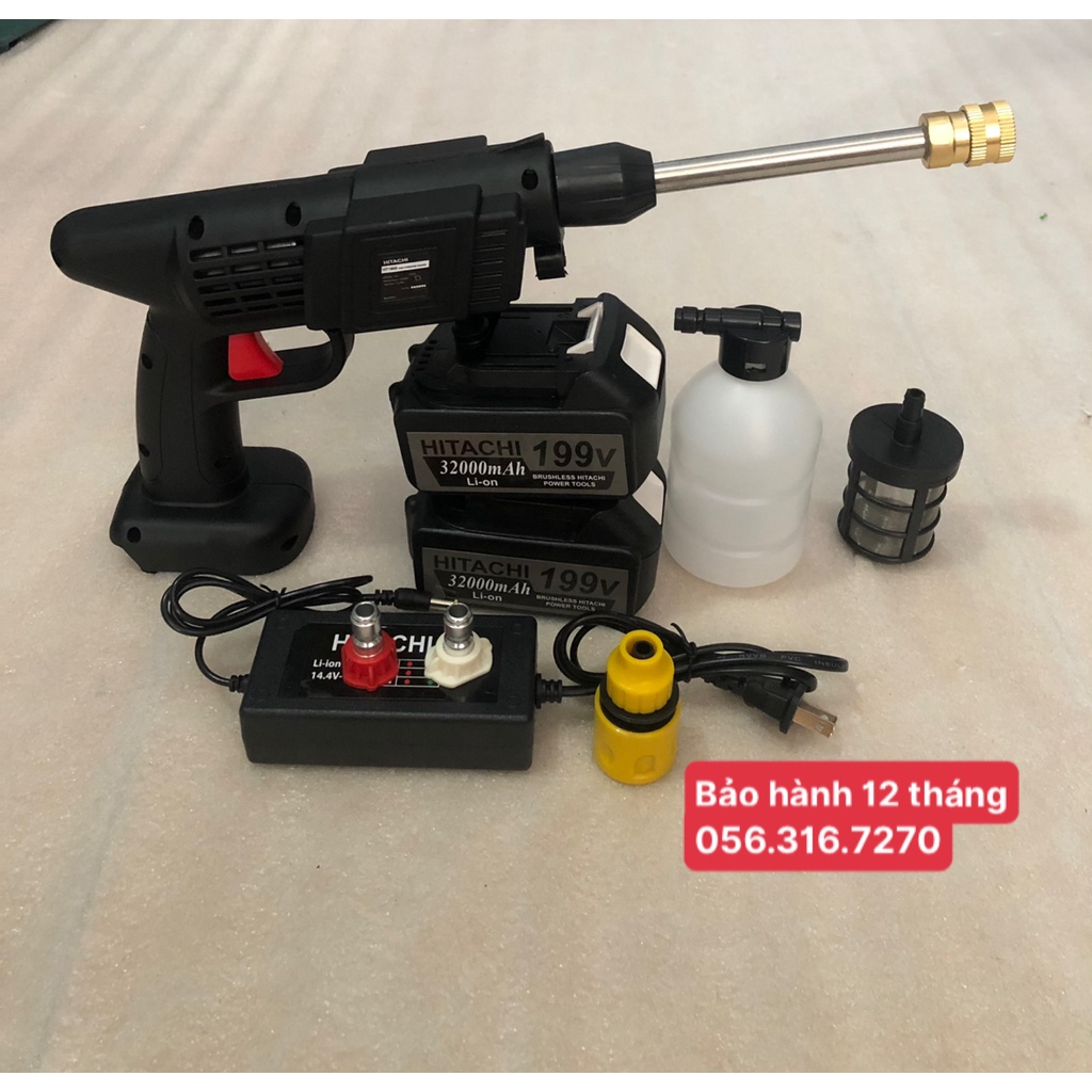 Máy rửa xe dùng pin,  mi ni cầm tay đa năng Máy xịt rửa tăng áp Hitachi công suất 1400W