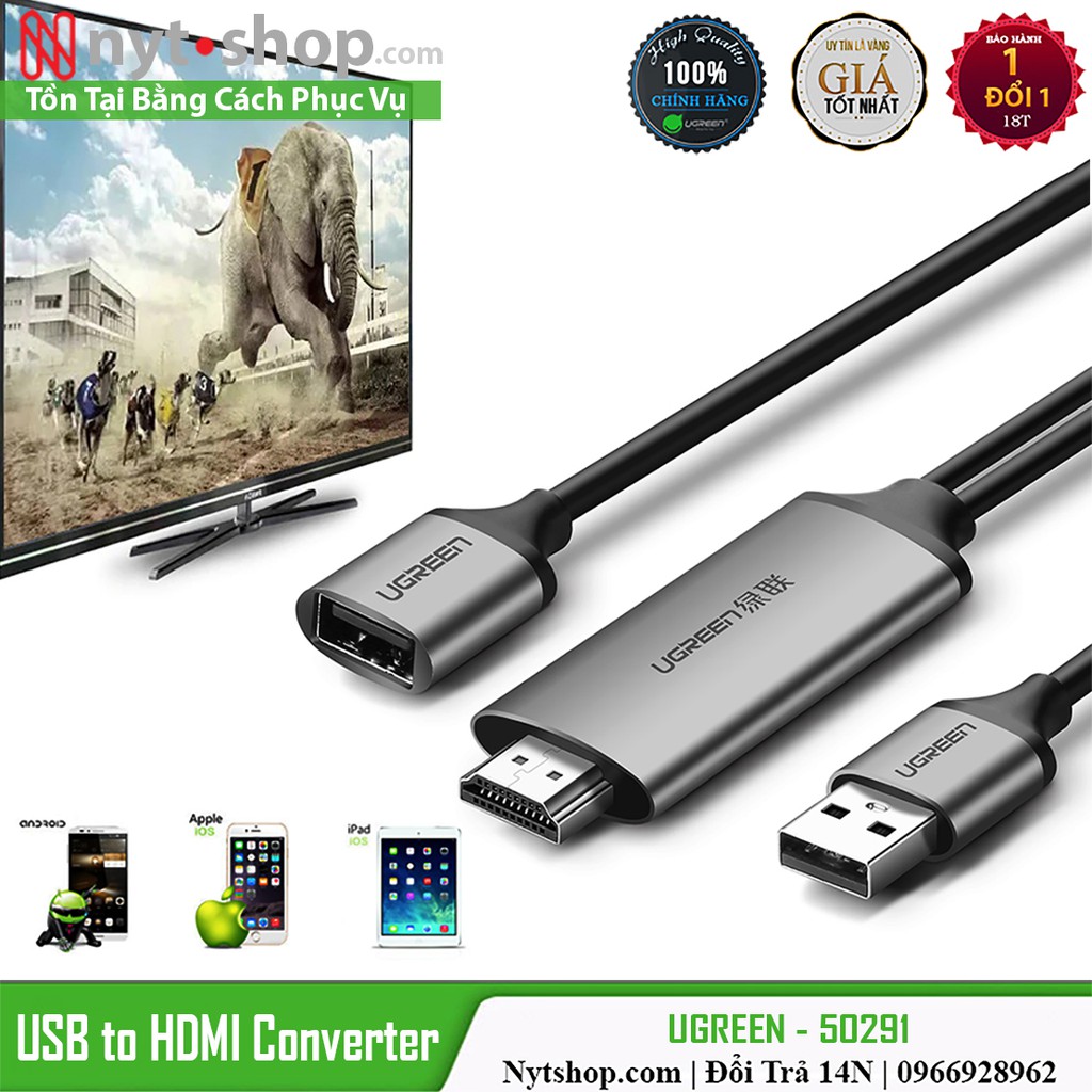 [Mã 159ELSALE hoàn 7% đơn 300K] Cáp Kết Nối Điện Thoại với Tivi / Máy chiếu Hỗ trợ Full-HD 1080p Cao Cấp UGREEN 50291