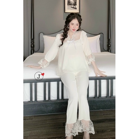 (Dưới 62kg) Đồ bộ pijama LỤA mặc nhà phối ren tiểu thư cổ vuông tay dài quần dài