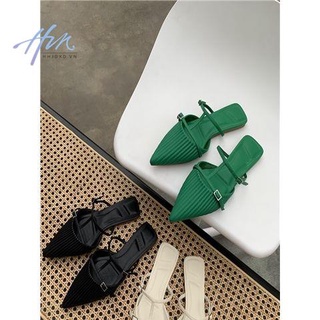 Giày sandal đế bằng mũi nhọn xếp ly thời trang mùa hè hàng mới 2022