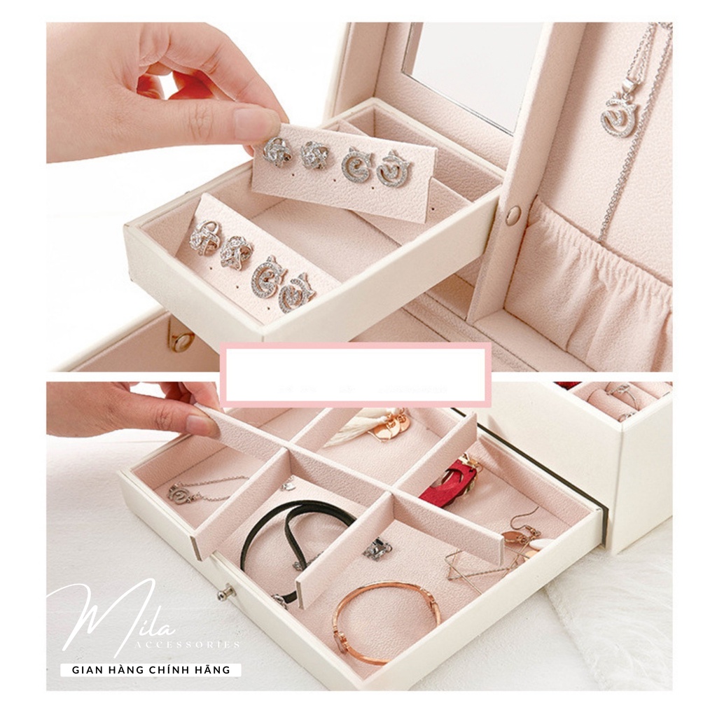 Hộp đựng trang sức lớn cao cấp đẹp nhiều ngăn MILA bọc da PU size lớn 3 tầng có khóa có gương Mila Accessories PK109