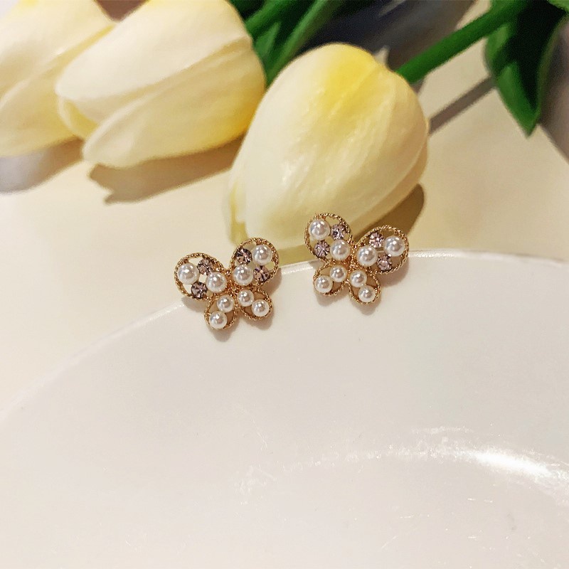 Khuyên tai kẹp không xỏ lỗ MANYUE kiểu cánh bướm màu kẹo đính ngọc trai thời trang cho nữ