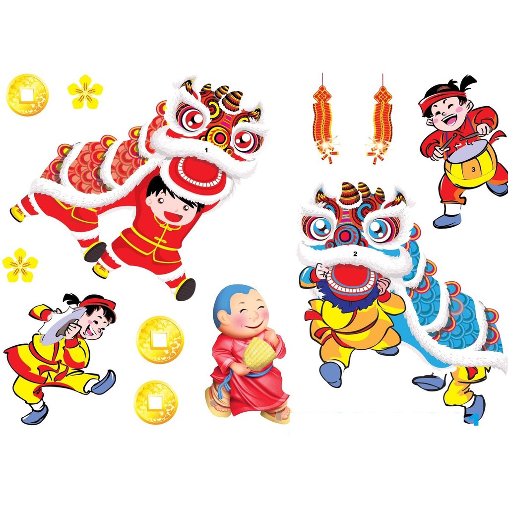 Decal trang trí tết MÚA LÂN MẪU 21 (kèm họa tiết nổi)