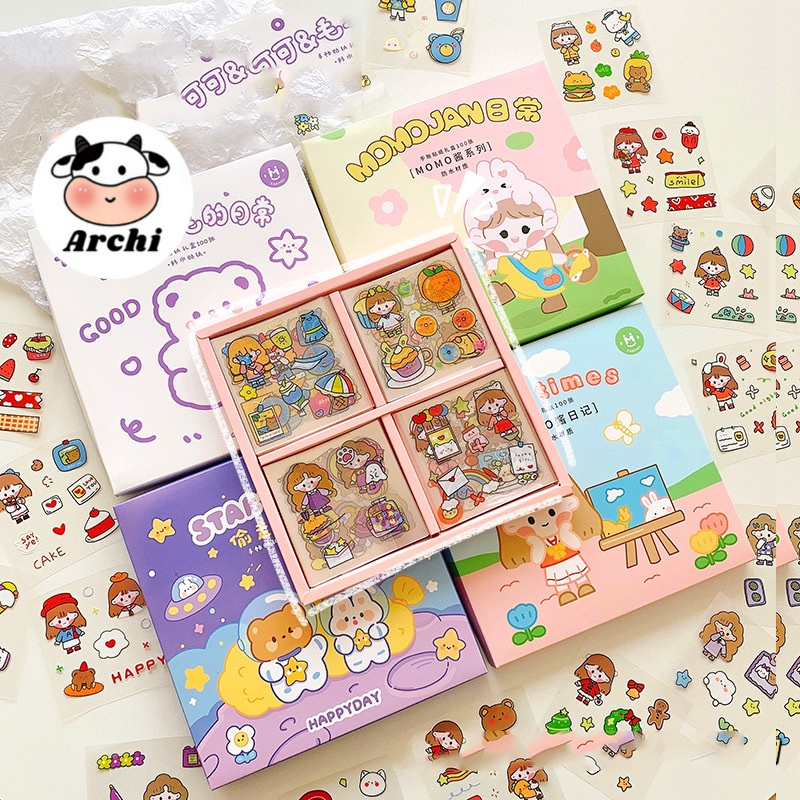 Hộp 100 tấm sticker cute trang trí dán tập vở, bình nước, bút nước