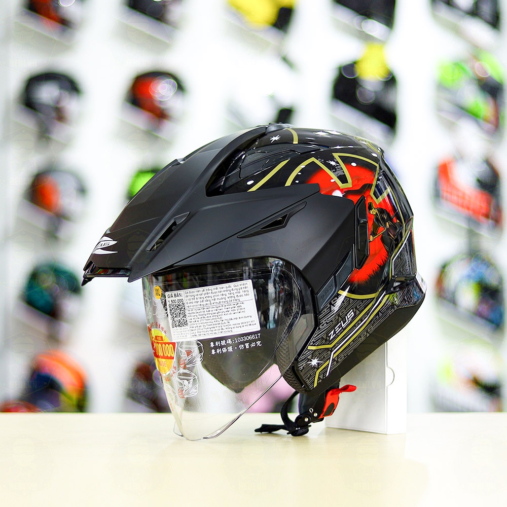 Mũ 3/4 2 Kính Zeus 613B Samurai Đen Đỏ Tặng Kèm Mái Che Có Thể Tháo Rời