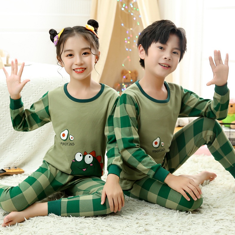 Set đồ ngủ tay dài in hoạt hình chất liệu cotton kiểu Hàn Quốc thời trang mùa thu cho bé 3-14 tuổi