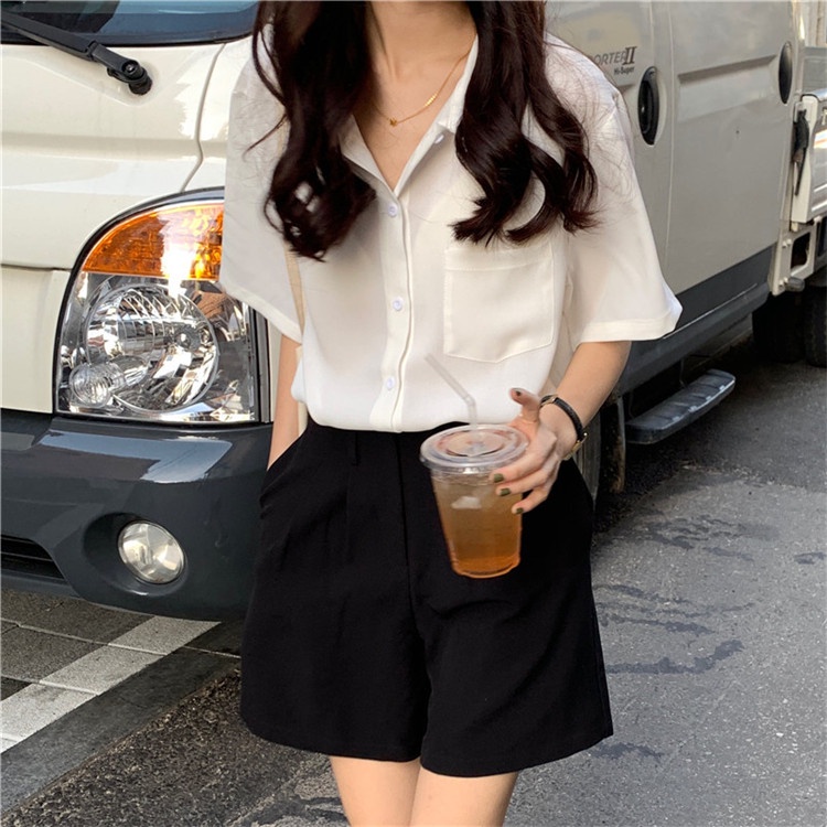 Áo Sơ Mi Tay Ngắn Dáng Rộng Màu Trơn Thiết Kế Mới Thời Trang Dành Cho Nữ