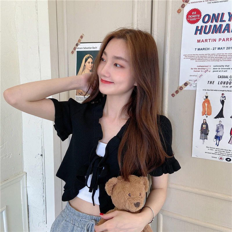 Áo Cardigan Dệt Kim Tay Ngắn Cổ Chữ V Phối Bèo Nhún Nữ Tính