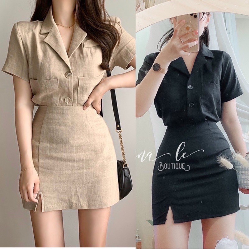 SET ÁO CỔ VEST KÈM QUẦN VÁY XẺ NUDE ĐEN (hình thật shop tự chụp)