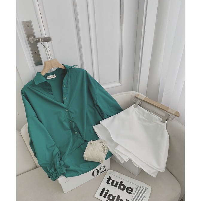 set áo sơmi kèm chân váy xanh lá ( hàng sẵn)
