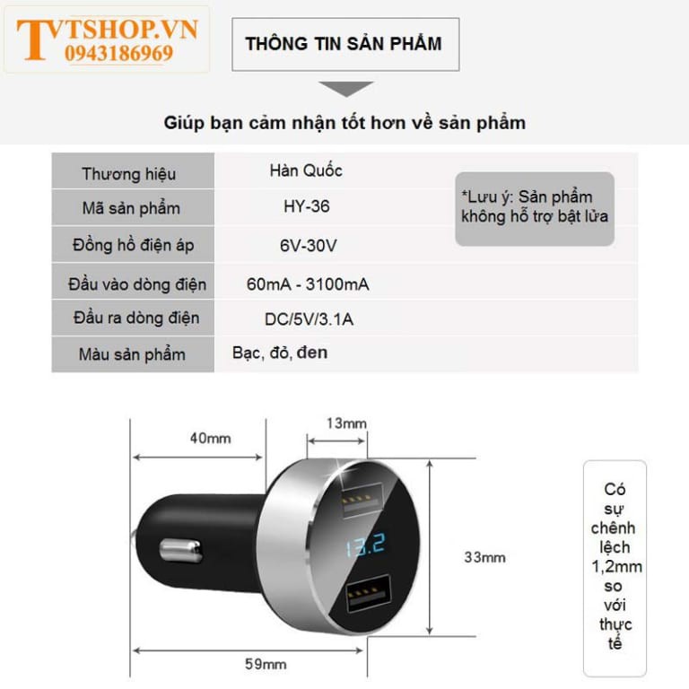 sạc pin điện thoại trên xe ô tô, củ sạc 2 cổng, cổng sạc 12v trên ô tô TVT-270