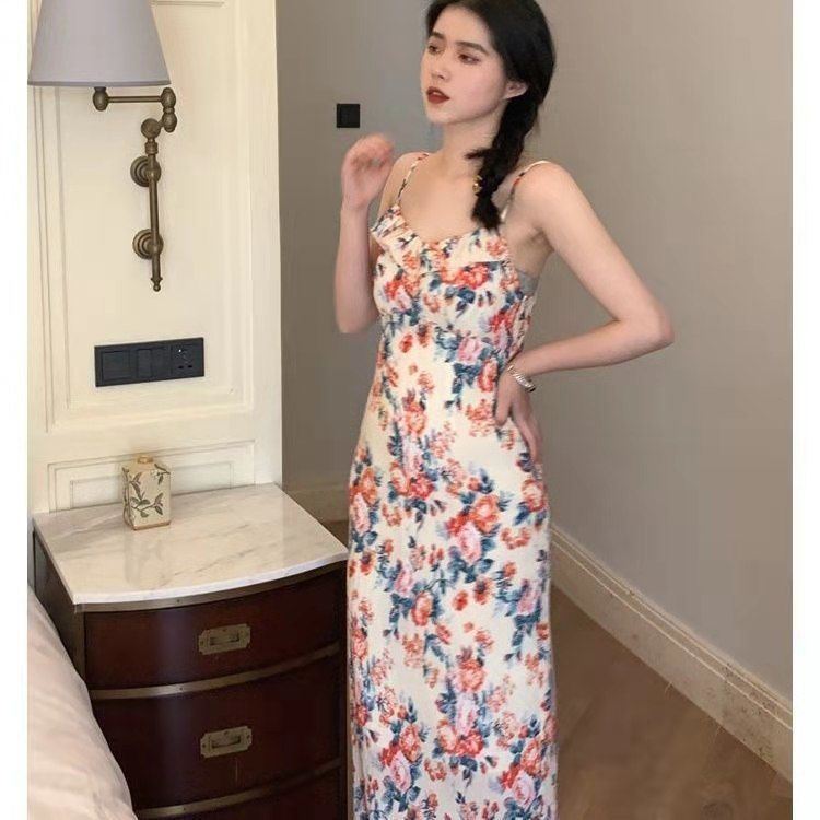 Đầm dài hai dây in họa tiết phong cách Hàn Quốc dành cho nữ