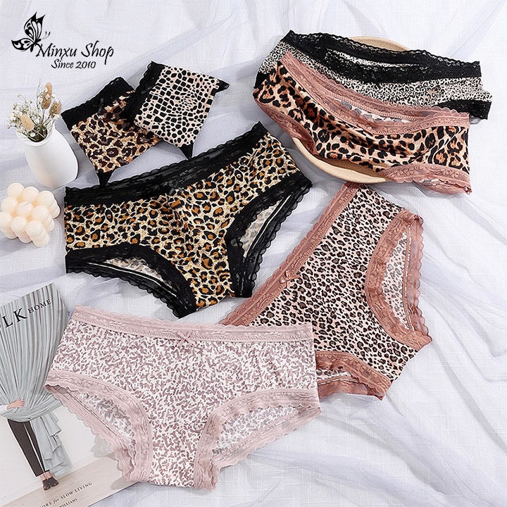 Quần lót nữ vải thun lạnh phối ren sexy, quần lót da báo hoang nơ xinh co giãn tốt nâng mông Minxu shop 2339