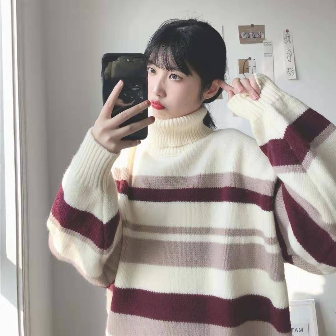 🌸Áo Sweater dáng dài thời trang trẻ trung🌸Áo Sweater dáng rộng cổ lọ kẻ sọc thời trang thu đông cho nữ