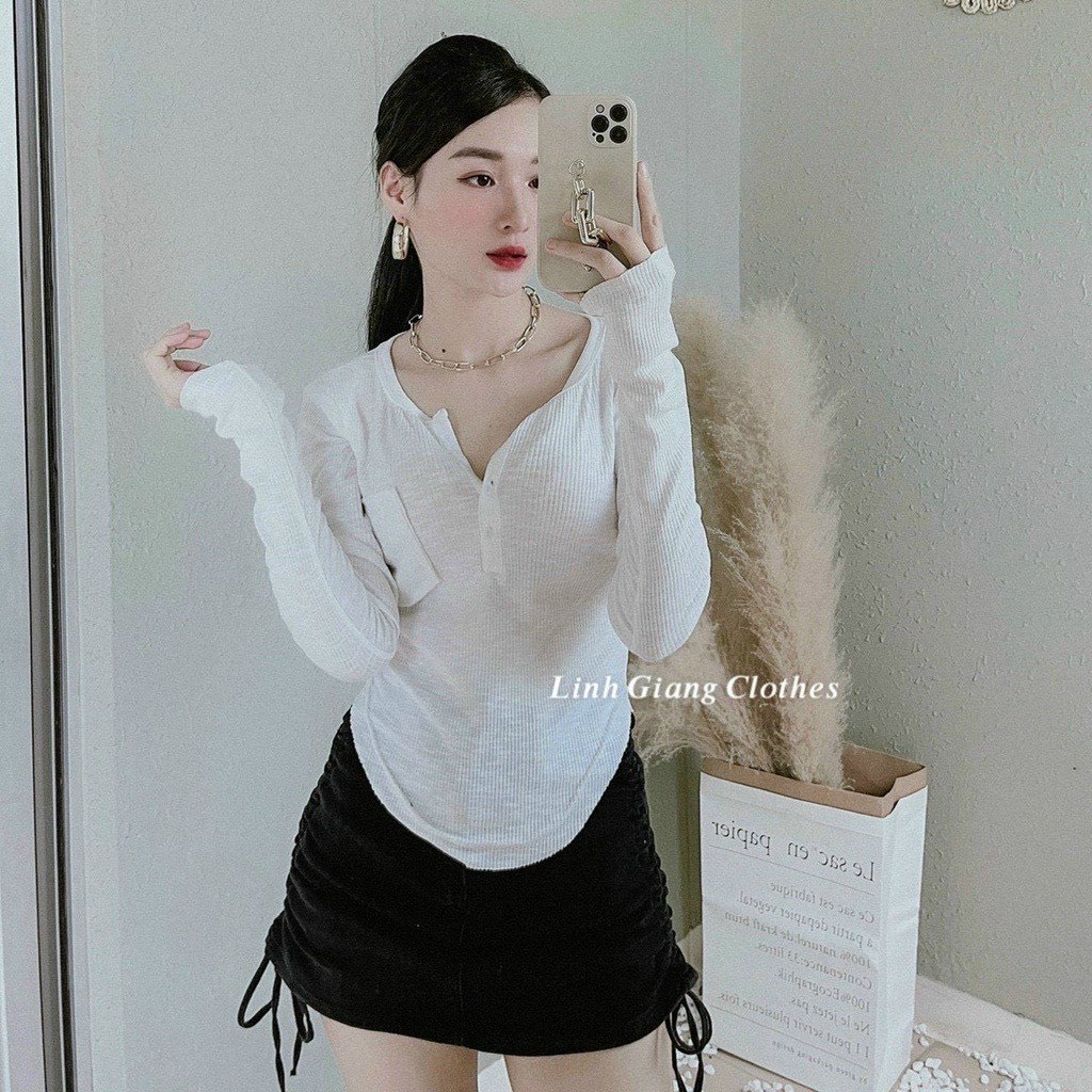Áo Thun Tay Dài Cúc Cài Phối Túi A5237