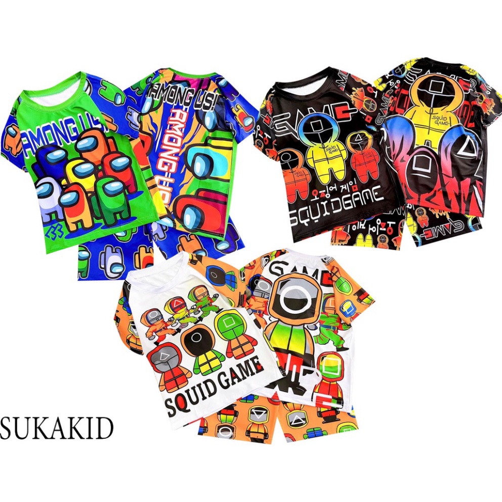 Combo 3 Bộ Squit Game và Among  cho bé in  3D chất liệu thoáng mát co 3 màu màu.trắng đen.xanh.bé từ 6kg