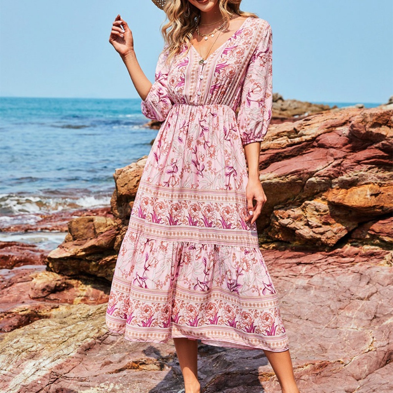 Đầm Midi Chữ A Tay Phồng In Họa Tiết Hoa Phong Cách Bohemian Thời Trang Đi Biển Cho Nữ