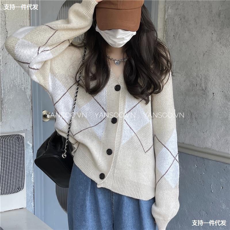 Áo cardigan dệt kim tay dài cổ chữ V phong cách Hàn Quốc , áo khoác len from rộng hoạ tiết hình thoi YANSOO