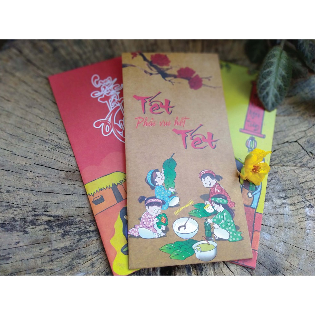 8 phong thư lì xì, họa tiết gia đình quây quần chuẩn bị Tết