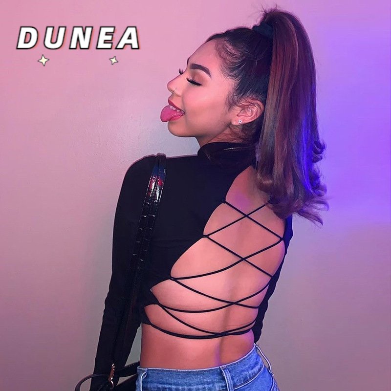 DUNEA Áo thun croptop tay dài hở lưng dáng ôm phối dây buộc thiết kế quyến rũ thời trang cho nữ