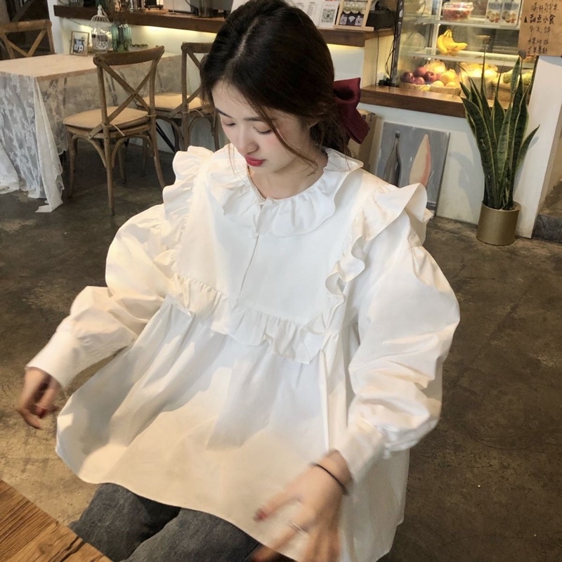 Áo sơ mi trắng babydoll cổ bèo phong cách Hàn Quốc